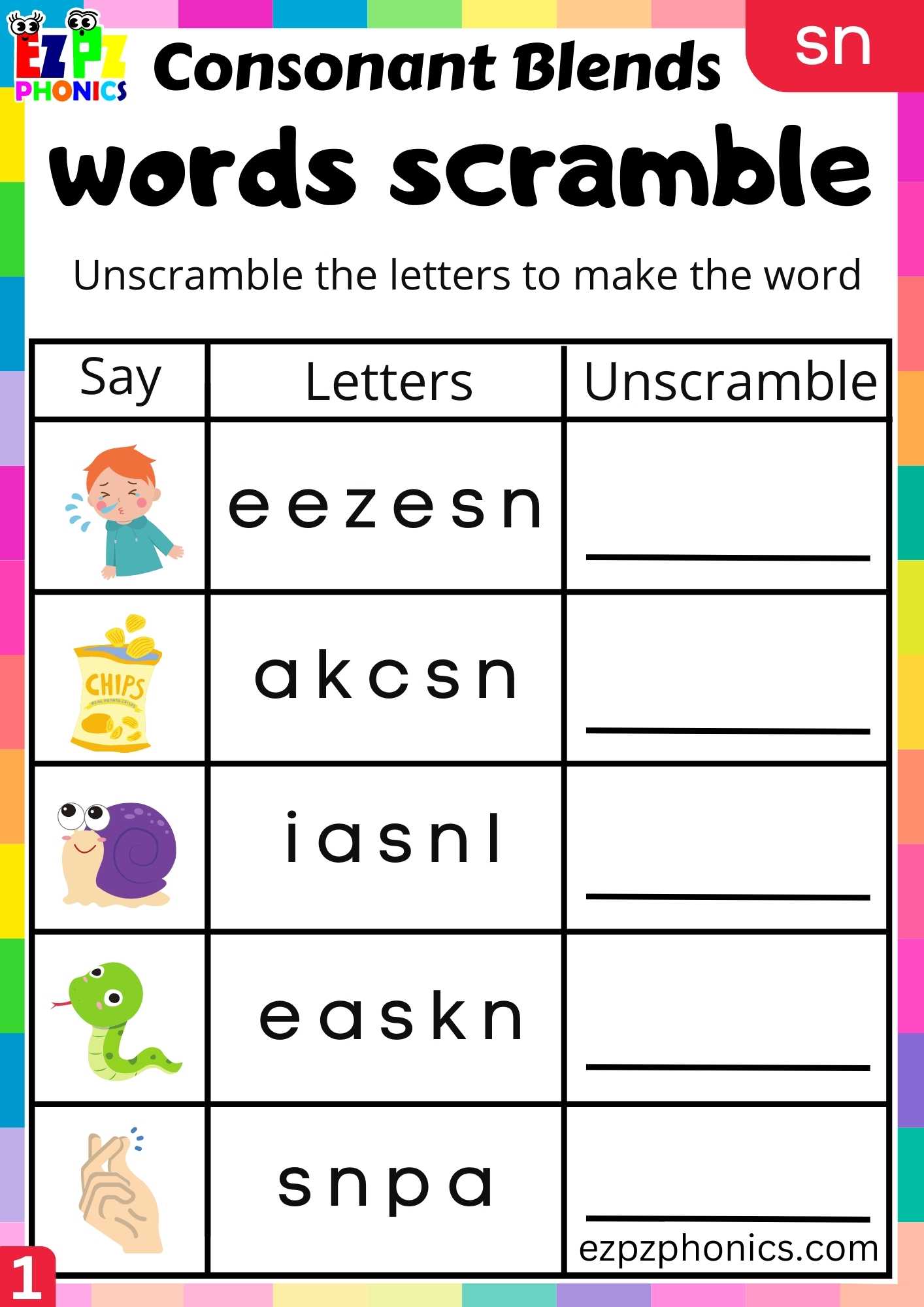 Group1 SN Words Words Scramble Phonics Consonant Blends Worksheet